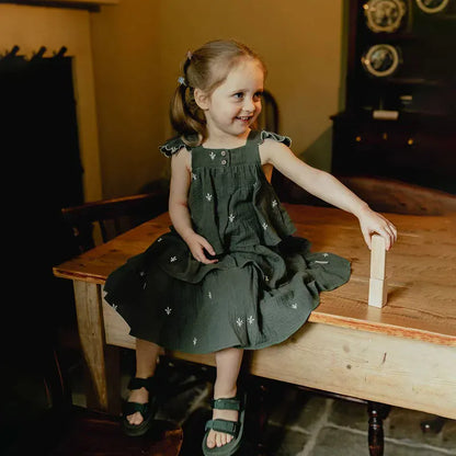 ノースリーブワンピース Green / 80cm キッズワンピース ショルダーフリルティアードワンピース 刺繍 2カラー【mh0005748】