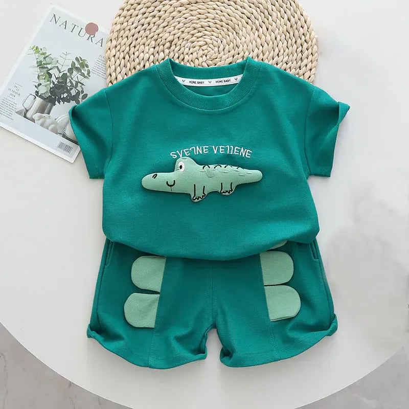 半袖セットアップ Green / 80cm キッズセットアップ 2点セット 半袖Tシャツ+ショートパンツ 恐竜ワニ 2カラー【mh0005487】