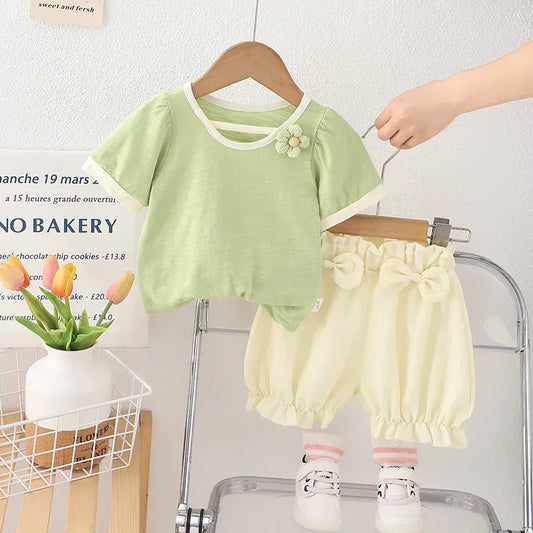 半袖セットアップ Green / 80cm キッズセットアップ 2点セット 半袖Tシャツ+バルーンショートパンツ リボン フラワー 2カラー【mh0005488】