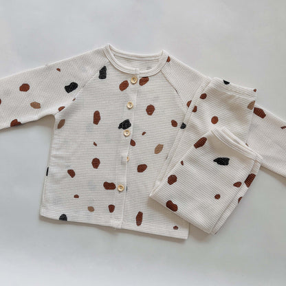 長袖パジャマ green / 80cm キッズ ワッフル 長袖 パジャマセット ボタニカル 幾何学 太陽 ルームウェア 3デザイン ユニセックス