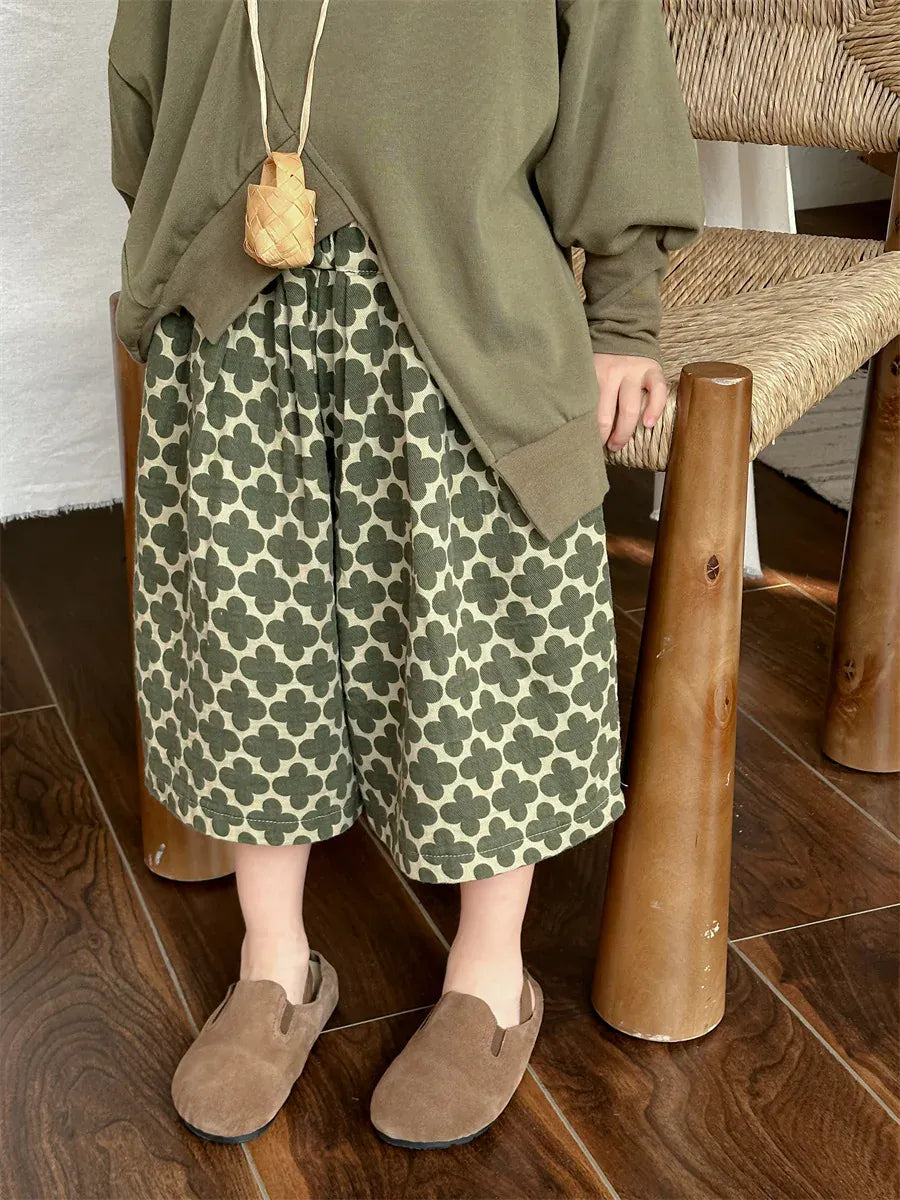 ロングパンツ・スウェットパンツ Green / 80cm 9-12m キッズパンツ ワイドルーズ クロップドパンツ レトロ北欧風フラワープリント 2カラー
