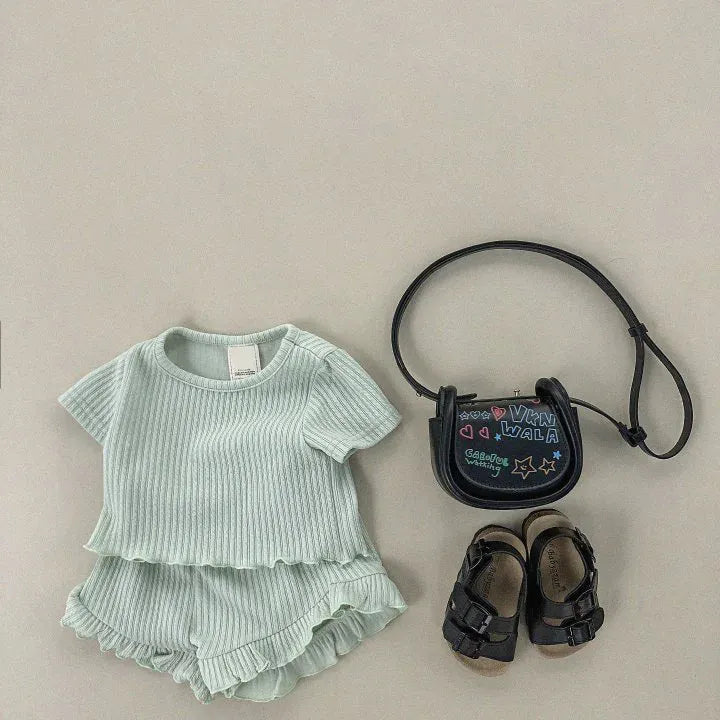 半袖セットアップ green / 80cm 9-12m キッズセットアップ 2点セット 半袖フリルTシャツ+フリルショートパンツ パステルカラー 4カラー