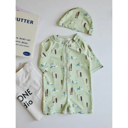 ベビー用水着 green / 80cm キッズ水着 ボーイズ 長袖ジップアップつなぎ ワンピース+帽子セット アニマルプリント スイムウェア【mh0005992】