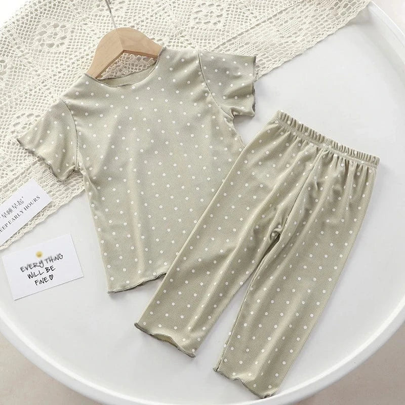 半袖パジャマ Green / 80cm キッズパジャマ 半袖パジャマセット 半袖Tシャツ+ロングパンツ 水玉ドットプリント 3カラー【mh0006077】