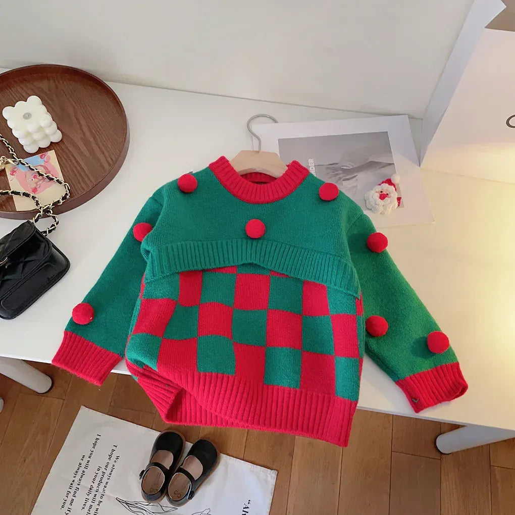 ニット・セーター Green / 90cm 1-2y キッズトップス クリスマスカラーチェックぽんぽん付きニットセーター【mh0007558】