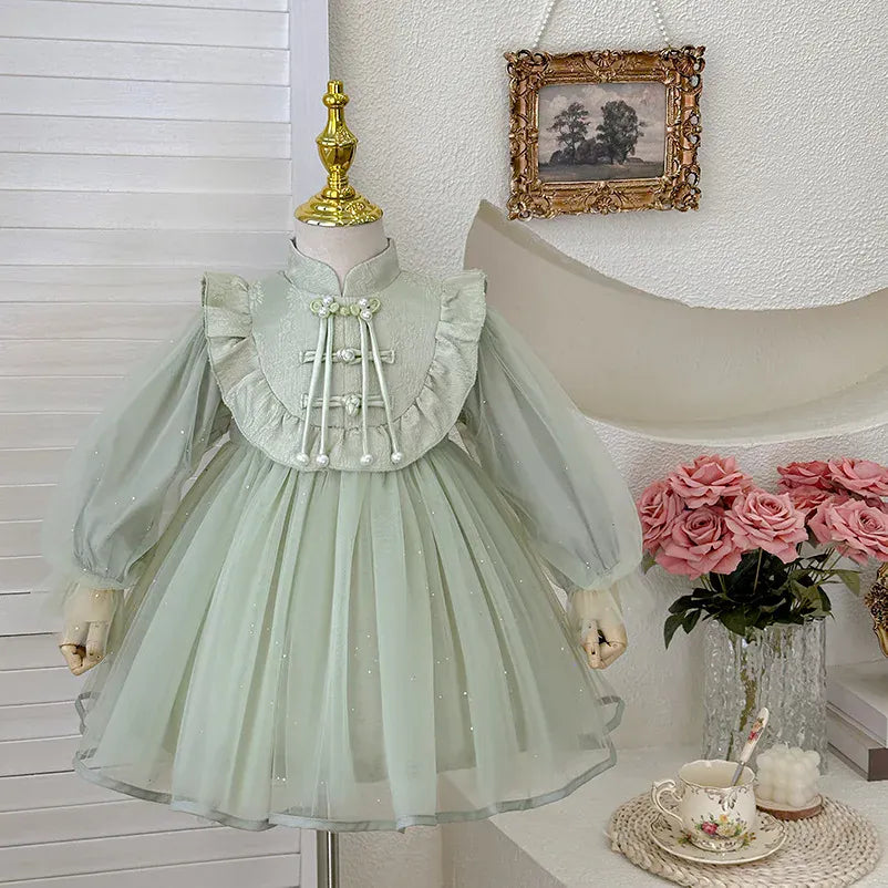 長袖ワンピース Green / 90cm 1-2y キッズワンピース チュチュチュールレースチャイナボタン長袖ドレスワンピース【mh0007659】