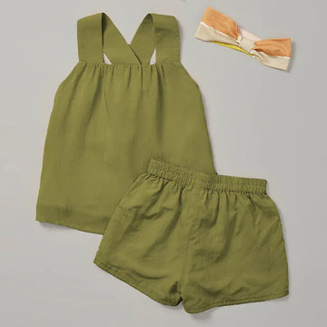 ノースリーブセットアップ Green / 90cm キッズセットアップ 2点セット ノースリーブブラウス+ショートパンツ コットンリネン 2カラー【mh0006283】
