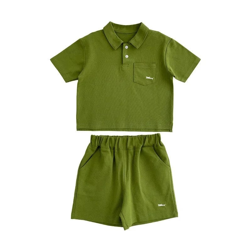 半袖セットアップ Green / 90cm キッズセットアップ 2点セット 半袖ポロシャツ+ショートパンツ ワンポイント刺繍 3カラー【mh0006033】