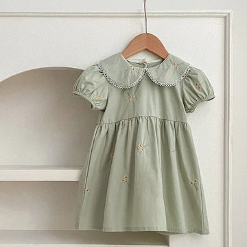 半袖ワンピース Green / 90cm キッズワンピース 半袖パフスリーブ フラワー花柄刺繍 丸襟 2カラー【mh0005874】