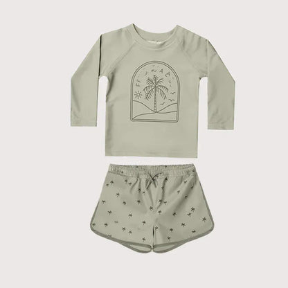 ベビー用水着 Green / 90cm 2T キッズ水着 セパレート 長袖トップス+パンツ スイムウェア ラッシュガード ボーイズ 2カラー【mh0005809】