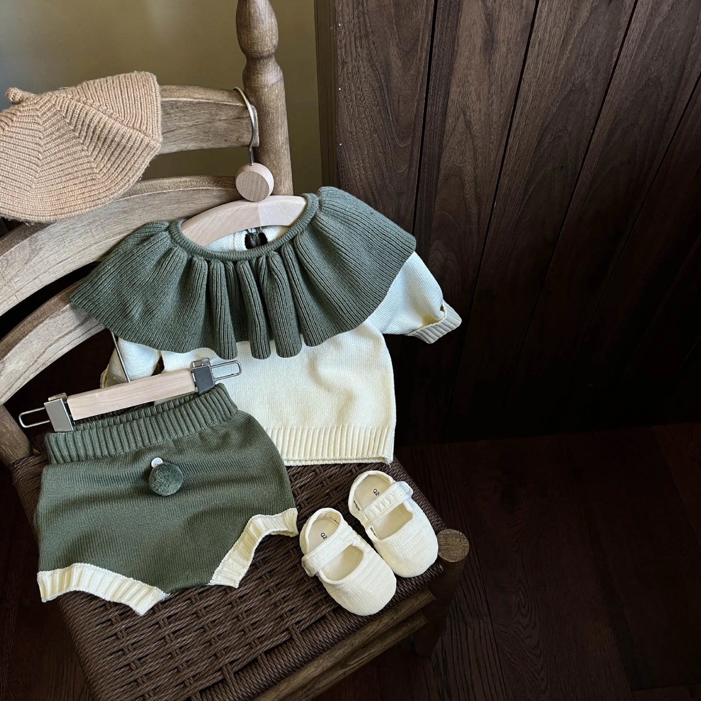 長袖セットアップ Green / 9M  73CM ベビーセットアップ 2点セット 長袖フリルカラーセータートップス ブルマパンツ 2カラー【mh0004372】