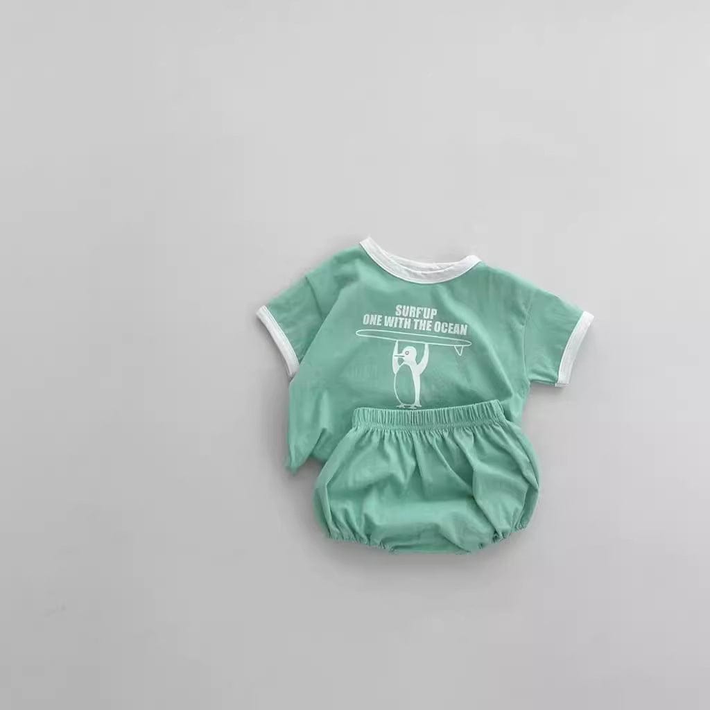 半袖セットアップ Green / 9M  73CM ベビーセットアップ 2点セット 半袖Tシャツ+ブルマパンツ ペンギンサーファー 2カラー【mh0004983】