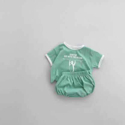 半袖セットアップ Green / 9M  73CM ベビーセットアップ 2点セット 半袖Tシャツ+ブルマパンツ ペンギンサーファー 2カラー【mh0004983】