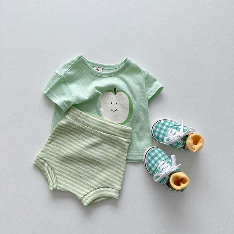 半袖ロンパース green / 9M/73cm ベビー キッズ セットアップ 半袖 プリント Tシャツ ボーダー ハイウェスト ブルマパンツ グリーン イエロー ユニセックス