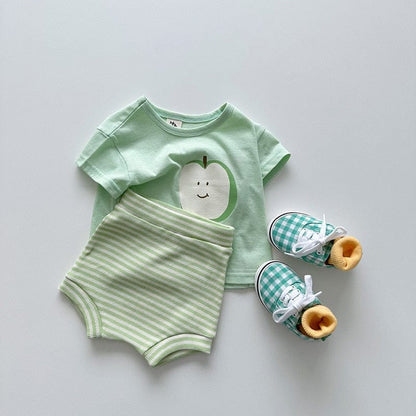 半袖ロンパース green / 9M/73cm ベビー キッズ セットアップ 半袖 プリント Tシャツ ボーダー ハイウェスト ブルマパンツ グリーン イエロー ユニセックス