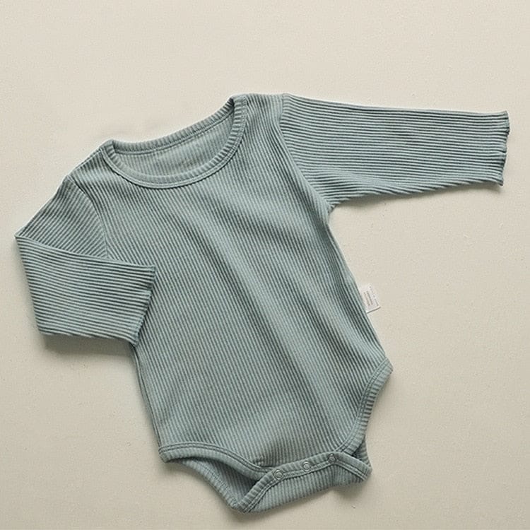 長袖ロンパース green blue romper / 66cm ベビー シンプル ベーシック フリル 長袖 ロンパース リボン ヘアバンド ユニセックス 2647A