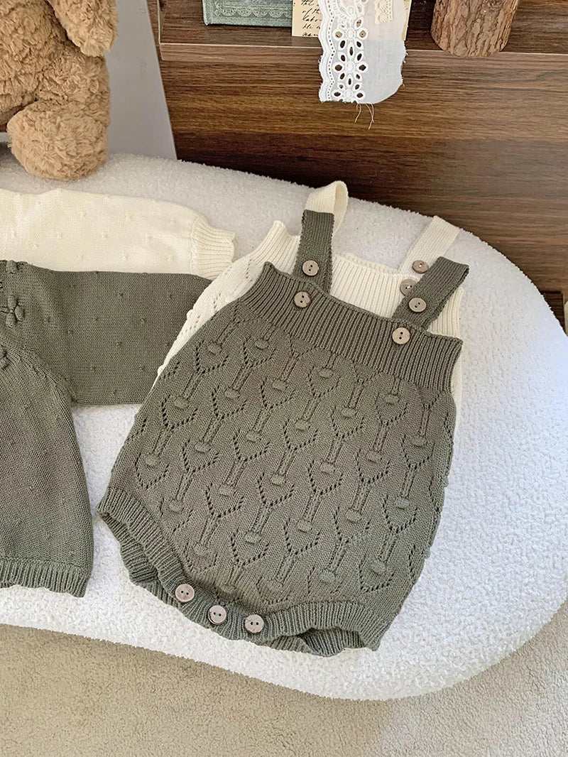 ノースリーブロンパース green bodysuit / 66cm ベビーニットロンパース カーディガン レースニットサスペンダーロンパース ニットカーディガン 2カラー