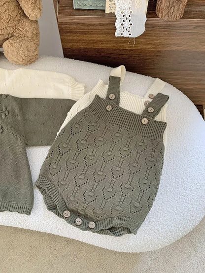 ノースリーブロンパース green bodysuit / 66cm ベビーニットロンパース カーディガン レースニットサスペンダーロンパース ニットカーディガン 2カラー