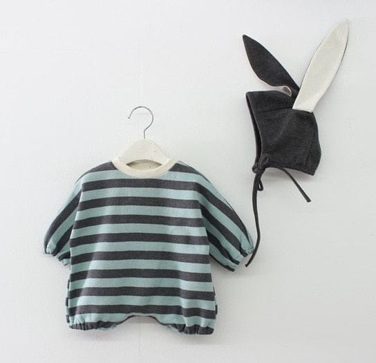 長袖ロンパース green bodysuit hat / 66cm ベビー ボーダー 長袖 ルーズ ロンパース うさ耳 帽子 セット ボーイズ 3650C