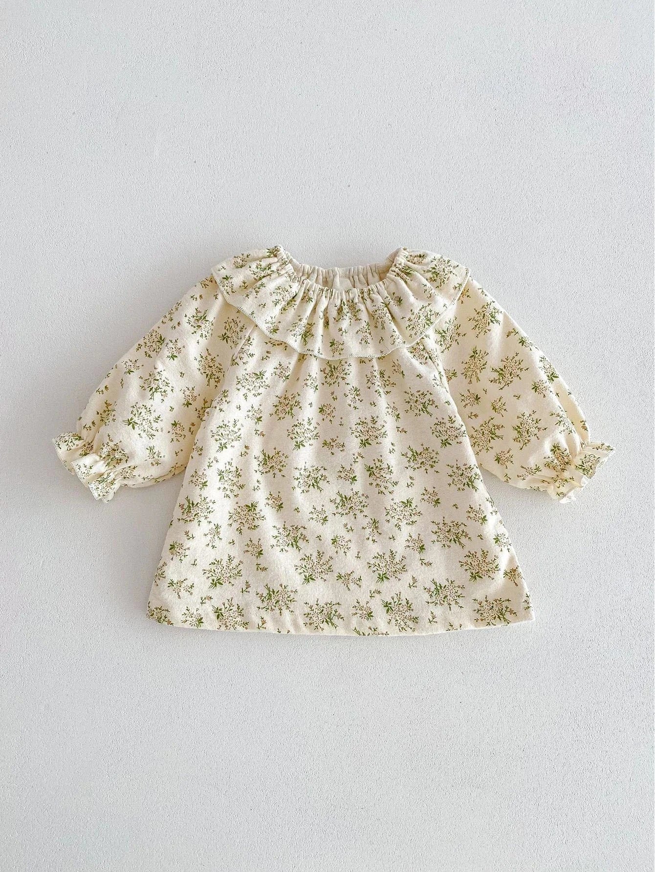 長袖ワンピース green floral / 66cm ベビーワンピース フリルサークル襟 長袖ワンピース フラワー花柄プリント