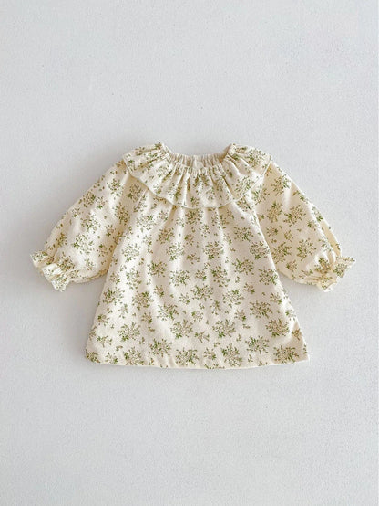 長袖ワンピース green floral / 66cm ベビーワンピース フリルサークル襟 長袖ワンピース フラワー花柄プリント