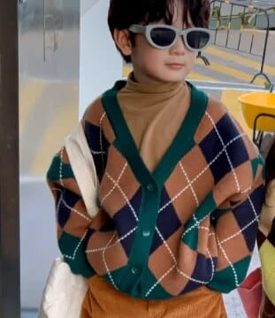 カーディガン・パーカー green long sleeve / 90cm / 取り寄せ（7〜21日） キッズベスト カーディガン アーガイルチェック レトロ ニット コーヒー グリーン 2カラー ユニセックス 男の子 女の子 子供服