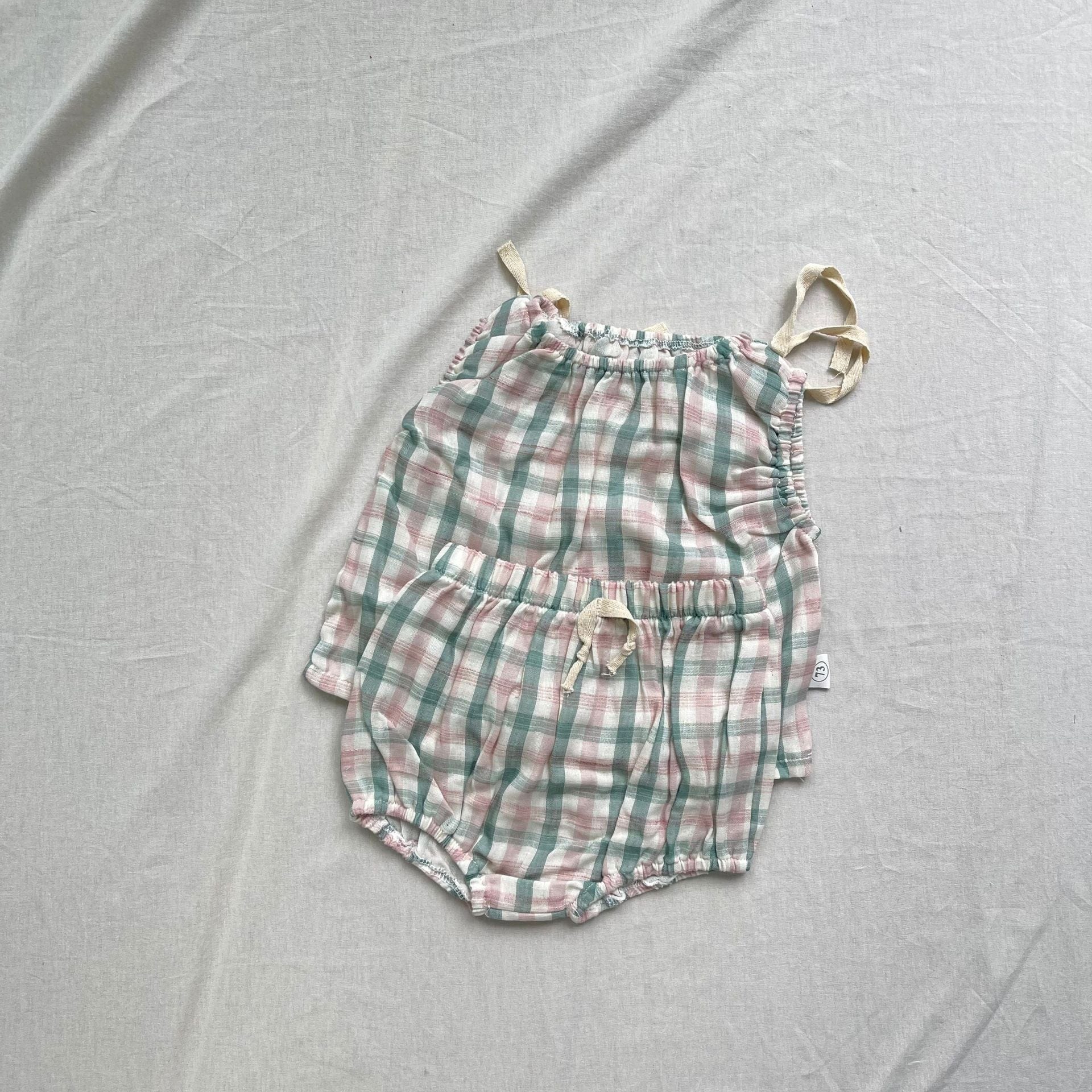 ノースリーブセットアップ Green pink / 73cm チェック柄サマーセットアップ 2点セット ノースリーブブラウス+ブルマパンツ【mh0009278】