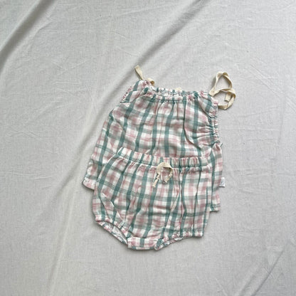 ノースリーブセットアップ Green pink / 73cm チェック柄サマーセットアップ 2点セット ノースリーブブラウス+ブルマパンツ【mh0009278】