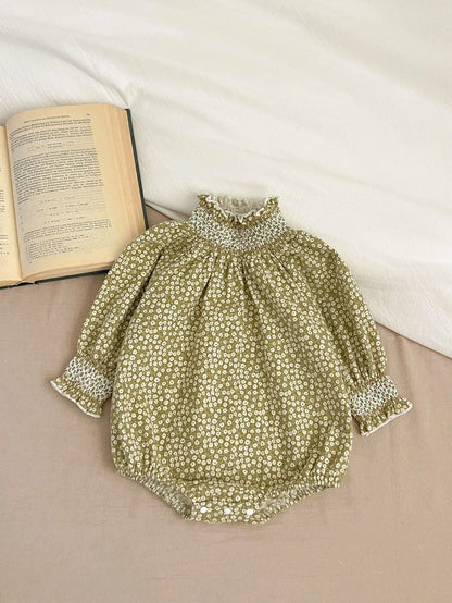 長袖ロンパース green romper / 66cm 0-6m ベビーロンパース/キッズワンピース スタンドフリルカラー 花柄フラワープリント お出かけ リンクコーデ 姉妹お揃いコーデ 2カラー