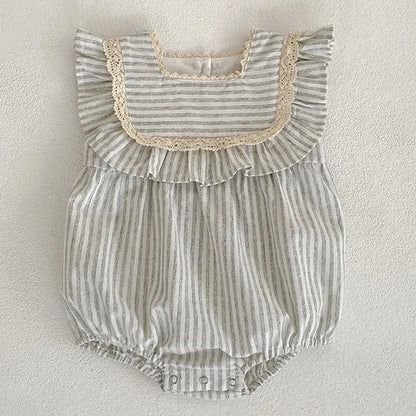 ノースリーブロンパース green Romper / 66cm ベビーロンパース/キッズワンピース ノースリーブ ストライプ レースフリル サマードレス リンクコーデ 姉妹 お揃いコーデ【mh0006059】