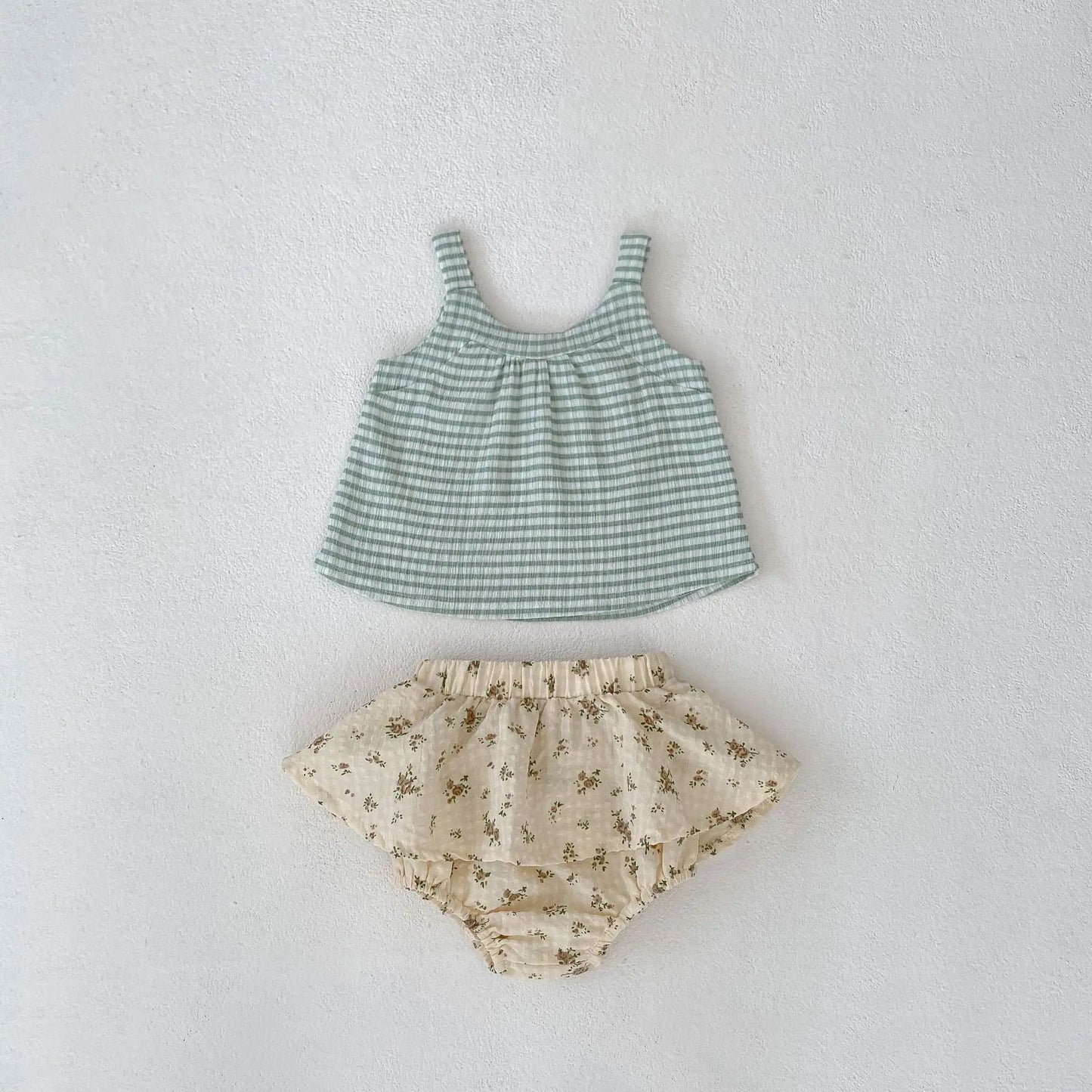 ノースリーブセットアップ green set / 66cm 0-6m ☺︎ ベビーセットアップ 2点セット ボーダー柄キャミソールトップス+フラワープリントスカートブルマパンツ