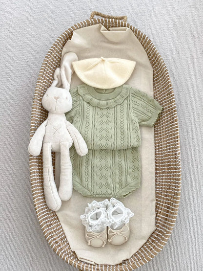 半袖セットアップ green suit / 6M  66cm ベビーセットアップ 2点セット レースニット 半袖ブラウス+ブルマパンツ 2カラー
