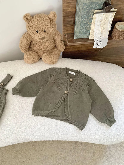 ノースリーブロンパース green sweater / 66cm ベビーニットロンパース カーディガン レースニットサスペンダーロンパース ニットカーディガン 2カラー