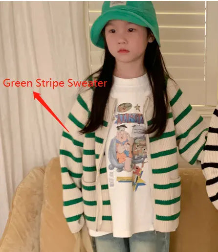カーディガン・パーカー green sweater / 90cm 1-2y キッズカーディガン ボーダー ニット ジッパーカーディガンジャケット デニムパンツ