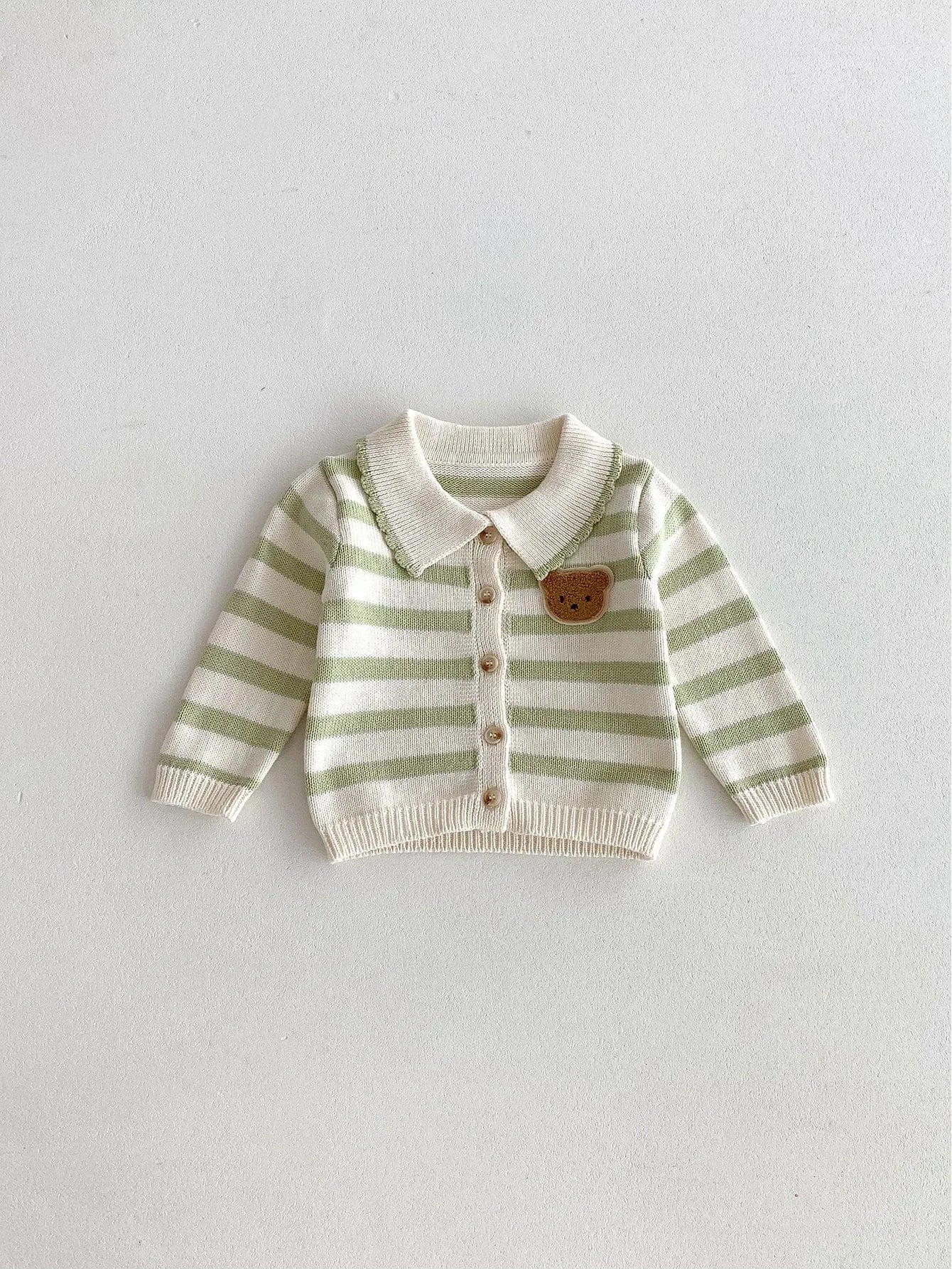 長袖セットアップ green top / 73cm 6-9M ベビーキッズカーディガン/パンツ ベアくまワッペンボーダー襟付きニットジャケット/ニットロングパンツ 2カラー【mh0007415】