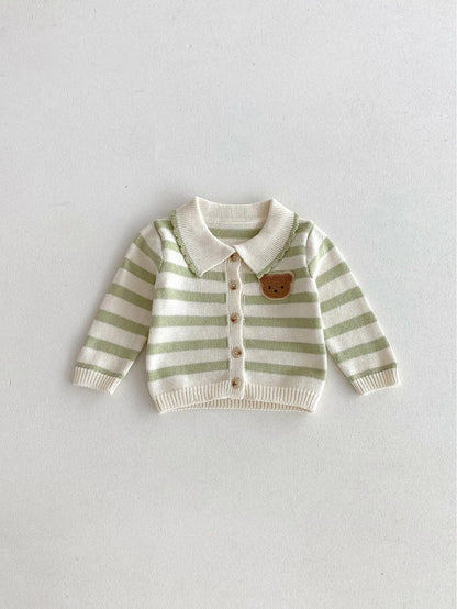 長袖セットアップ green top / 73cm 6-9M ベビーキッズカーディガン/パンツ ベアくまワッペンボーダー襟付きニットジャケット/ニットロングパンツ 2カラー【mh0007415】