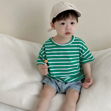半袖セットアップ green tops / 6M  66CM ベビートップス/パンツ 半袖ボーダーTシャツ/デニムショートパンツ【mh0006294】