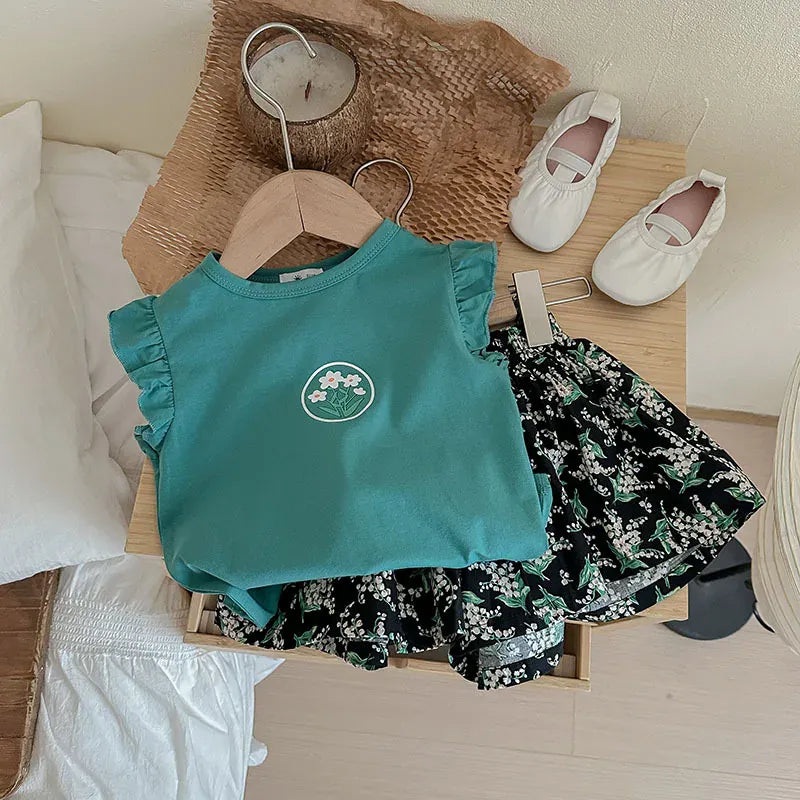 ノースリーブセットアップ green tops set / 2T  90cm キッズセットアップ 2点セット フリルスリーブTシャツ+フレアショートパンツ プリント柄