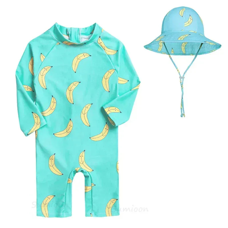 ベビー用水着 greenbanana with hat / 1-2Yrs キッズ水着 帽子セット 長袖ラッシュガード つなぎ ワンピース アニマル フラワープリント スイムウェア