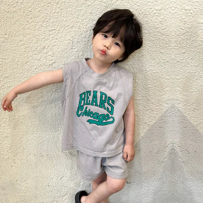 ノースリーブセットアップ grey / 12M 80cm キッズセットアップ 2点セット ノースリーブTシャツ+ショートパンツ レターロゴプリント 2カラー