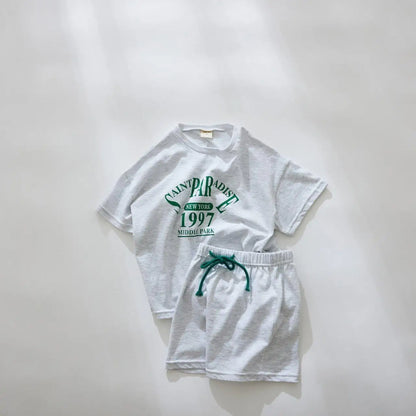 半袖セットアップ grey / 12M 80cm キッズセットアップ 2点セット 半袖Tシャツ+ショートパンツ レターロゴプリント 2カラー