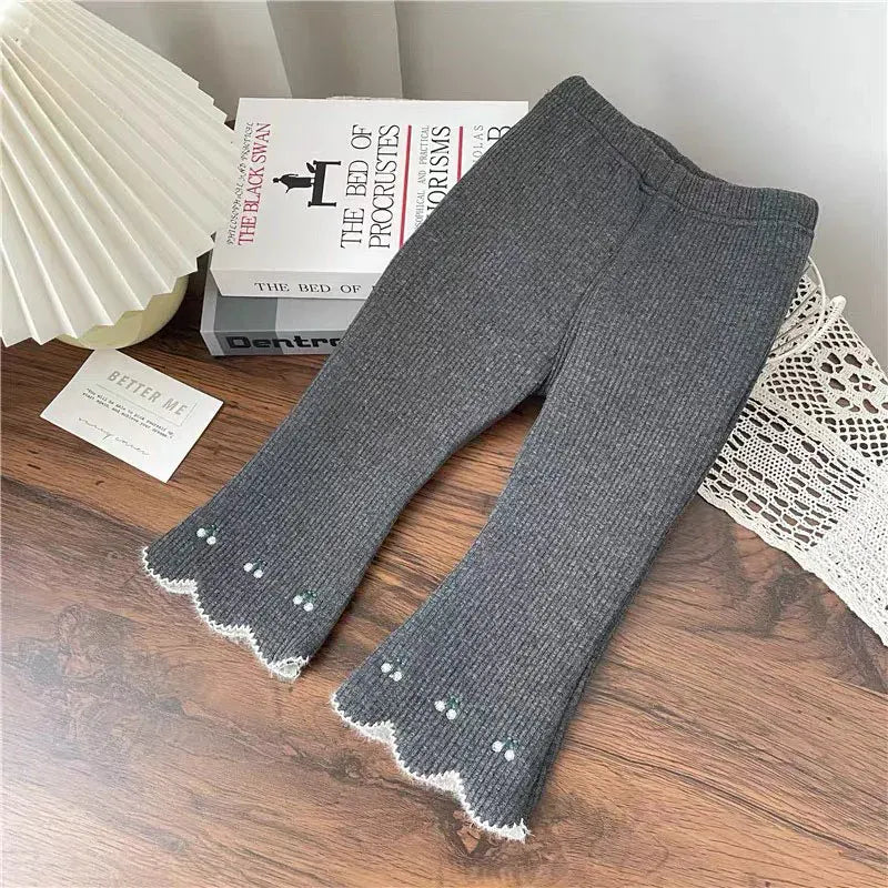 レギンスパンツ Grey / 12M 80cm キッズパンツ チェリーさくらんぼ刺繍裏フリースフレアレギンスパンツ【mh0007708】