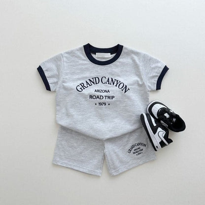 半袖セットアップ grey 2pc set / 80cm キッズ レターロゴ プリント セットアップ 半袖 Tシャツ ショートパンツ ユニセックス 6533C