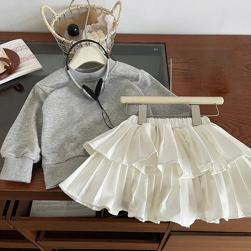 長袖セットアップ Grey / 2T 90cm キッズセットアップ 2点セット シンプル長袖スウェットトレーナー+ボリュームプリーツティアードケーキスカート【mh0006941】