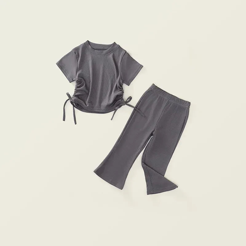 半袖セットアップ Grey / 2T 90cm キッズセットアップ 2点セット 半袖サイドレースアップTシャツ+フレアロングパンツ【mh0006596】