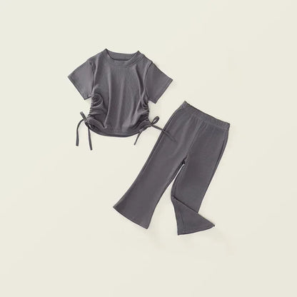 半袖セットアップ Grey / 2T 90cm キッズセットアップ 2点セット 半袖サイドレースアップTシャツ+フレアロングパンツ【mh0006596】