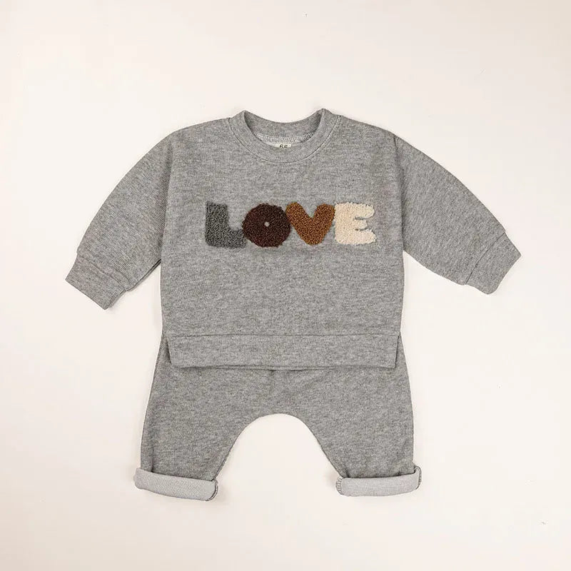 長袖セットアップ Grey / 3-6M 66cm ベビーセットアップ 2点セット 長袖Tシャツ+ロングパンツ レターロゴ刺繍 2カラー【mh0007753】