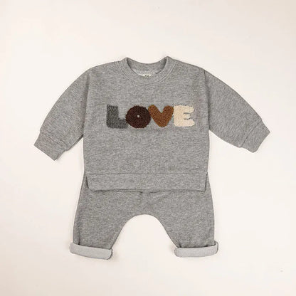 長袖セットアップ Grey / 3-6M 66cm ベビーセットアップ 2点セット 長袖Tシャツ+ロングパンツ レターロゴ刺繍 2カラー【mh0007753】