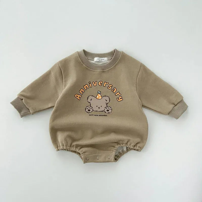 長袖ロンパース grey / 66cm ベビーロンパース 長袖ボディスーツ ベアくまプリント オレンジ/グレー/2カラー