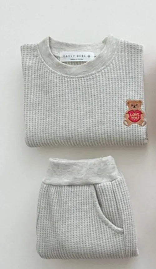 長袖セットアップ grey / 66cm ベビーセットアップ 2点セット ワッフル 長袖Tシャツ ロングパンツ ベアくまワンポイント刺繍